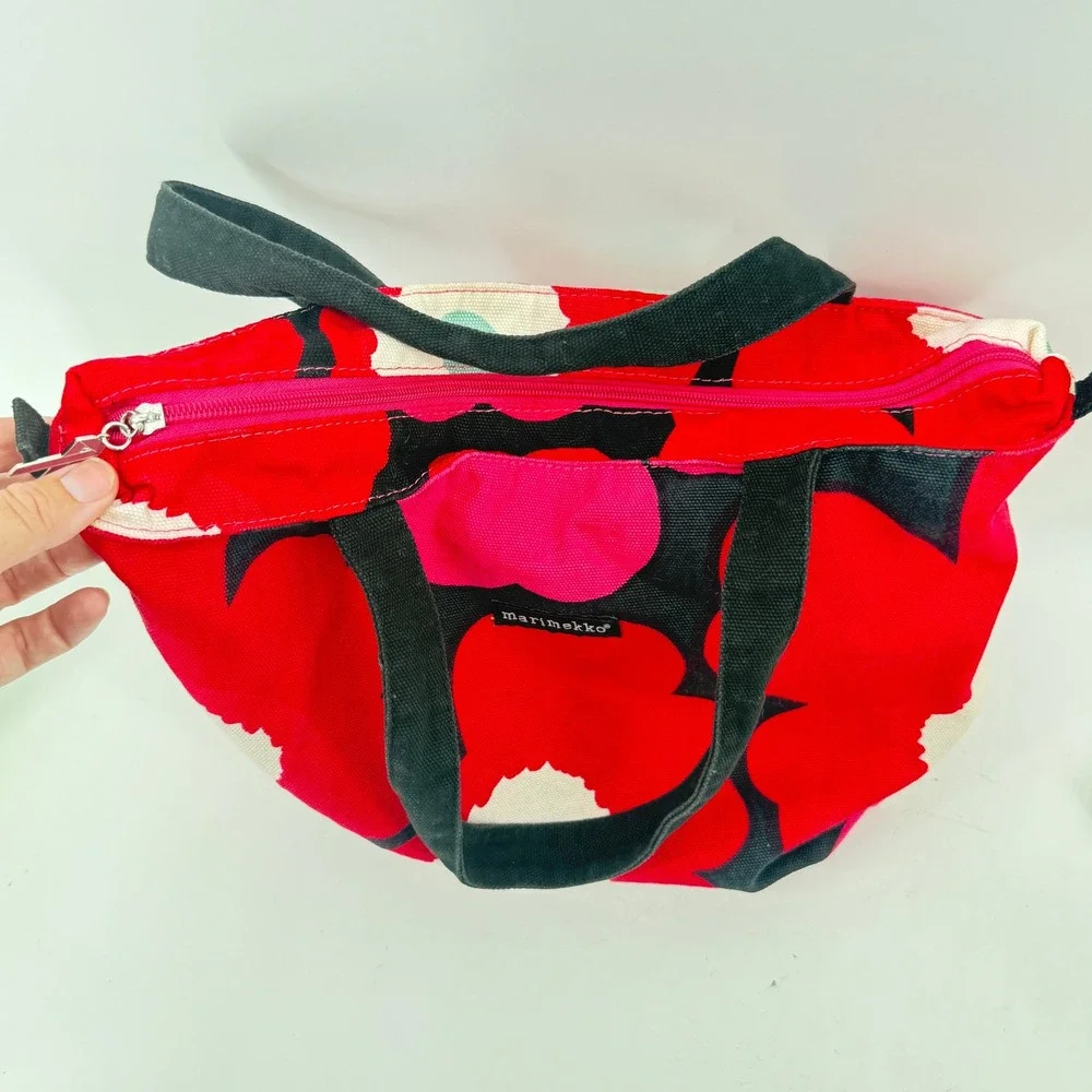 Marimekko Unikko Floral Tote Bag Womens Red Pink Canvas Zipper Shoulder Bag